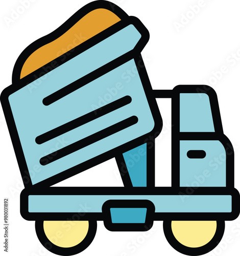 Dump truck unloading cargo at construction site filled outline icon, building and architecture related vector illustration