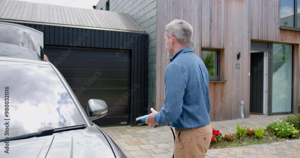 Couple Charging Electric Car Outside of Home, Preparing for Road trip Couple Charging Electric Car Outside of Home, Preparing for Road trip