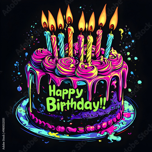 Neon birthday cake with candles and confetti
 photo