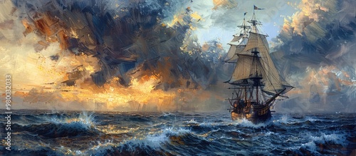 Dramatic historical sailing ship navigating through a turbulent stormy seascape with crashing waves and a dramatic cloudy sunset sky