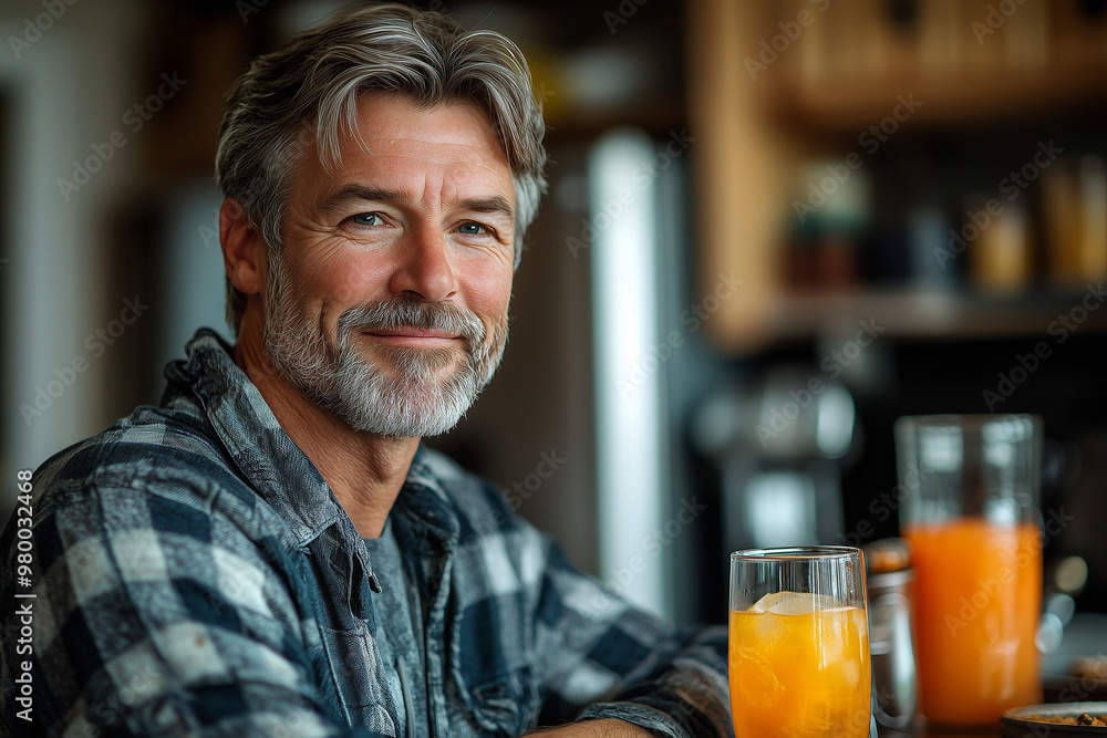 Smiling Man Enjoying Orange Juice in Kitchen Smiling Man Enjoying Orange Juice in Kitchen