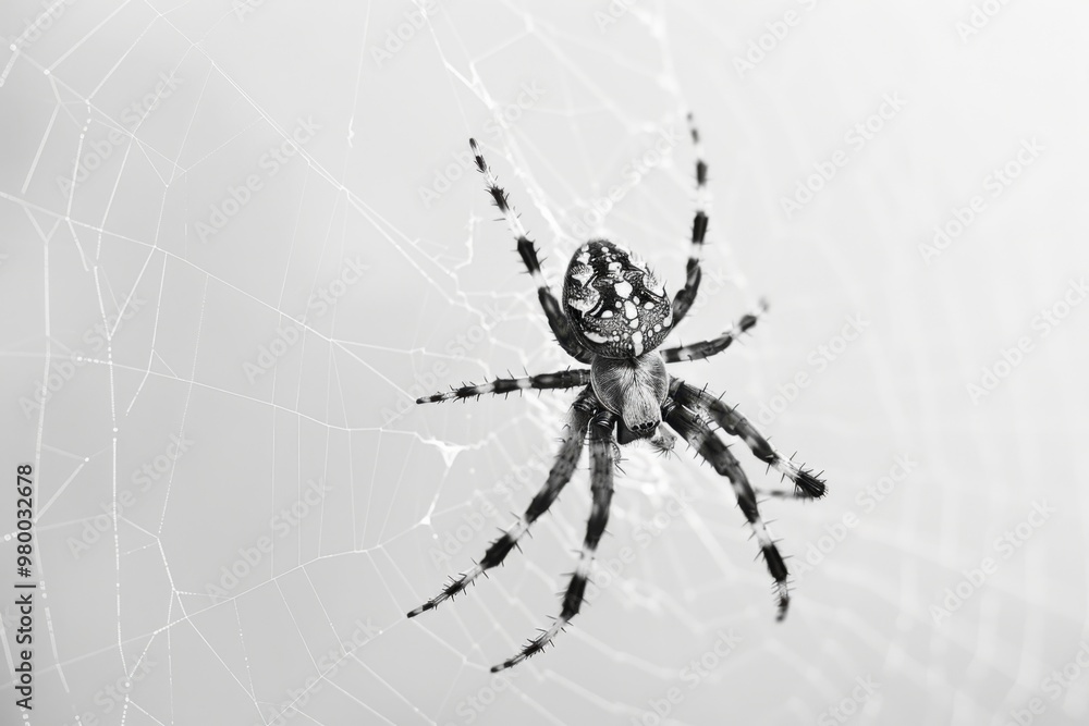 Intriguing silhouette of a spider descending gracefully from a web strand Intriguing silhouette of a spider descending gracefully from a web strand