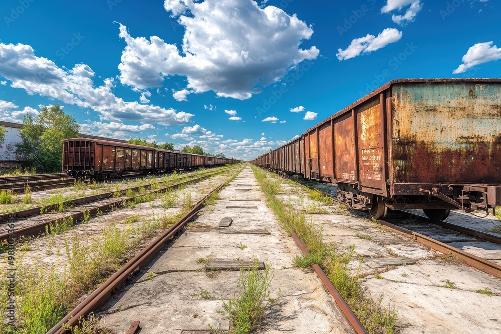 Aged cargo trains at a dilapidated station under a bright clear sky Aged cargo trains at a dilapidated station under a bright clear sky
