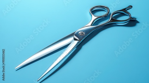  Shiny silver hair scissors on a bright blue background, symbolizing precision and professional hairdressing tools.