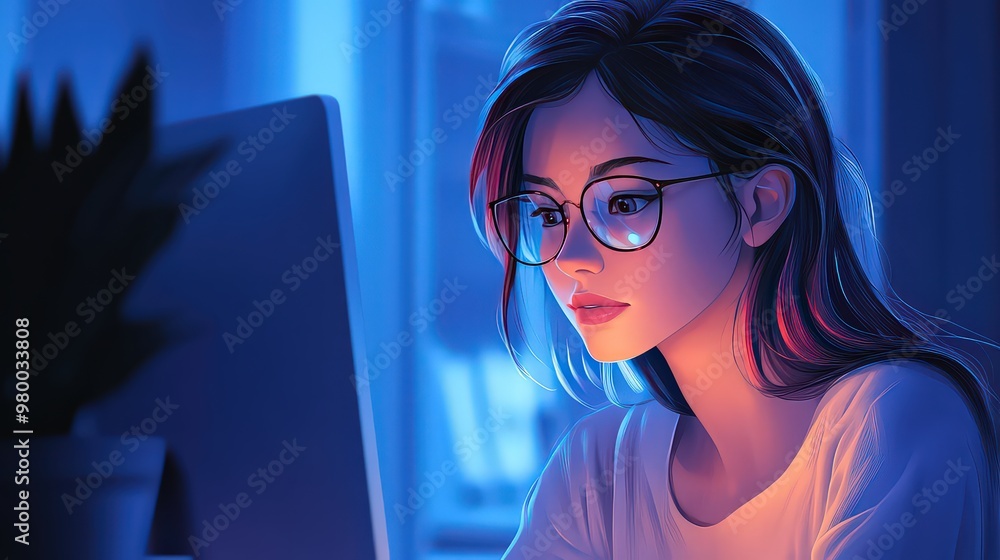 Focused woman working late at computer, illuminated by soft blue light, symbolizing dedication and modern work life. Focused woman working late at computer, illuminated by soft blue light, symbolizing dedication and modern work life.