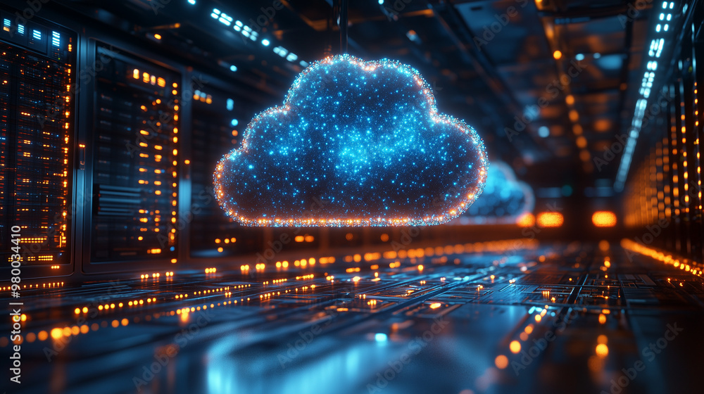 3D render of a glowing cloud icon floating above a row of computer servers in a data center interior, close-up view. Concept for system monitoring and large, wrapped LED clouds 3D render of a glowing cloud icon floating above a row of computer servers in a data center interior, close-up view. Concept for system monitoring and large, wrapped LED clouds