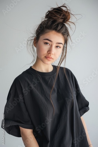 Mockup of a plain black oversized t-shirt on a young woman, ideal for branding and design