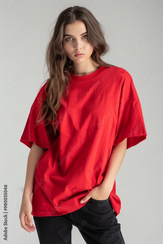 Obraz premium Mockup of a plain red oversized t-shirt on a young woman, ideal for branding and design