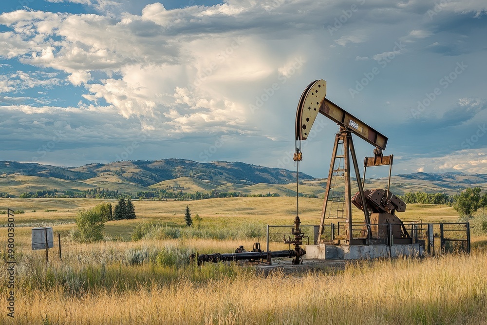 An oil rig extracts oil from the ground in Billings Montana USA