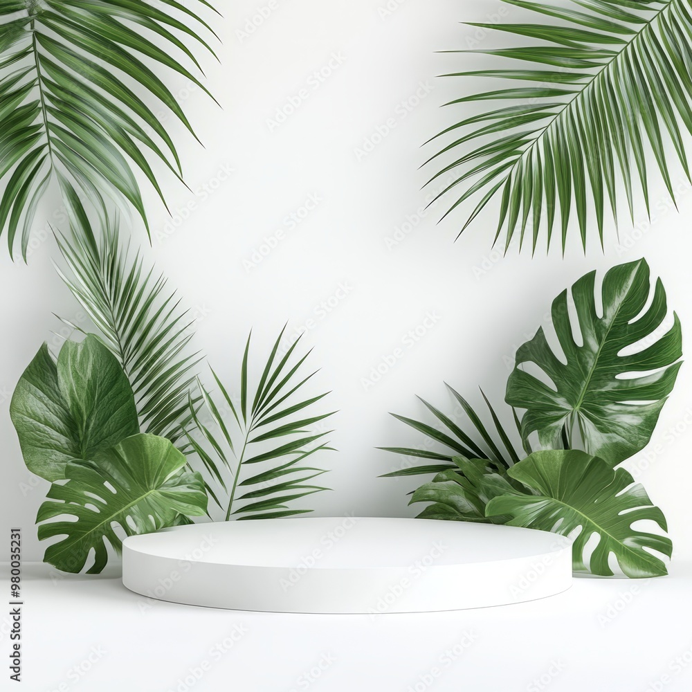Obraz premium white podium with tropical leaves on a white background 