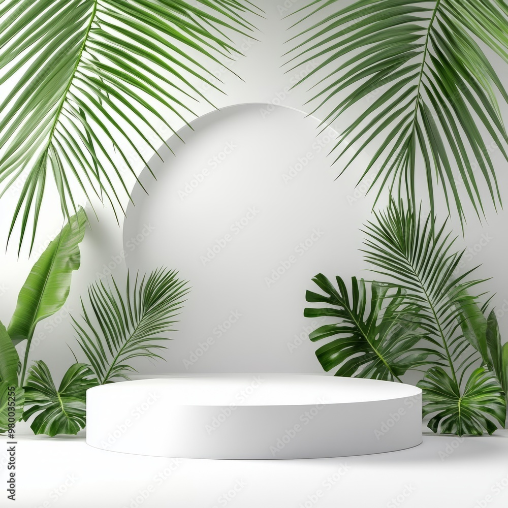 Obraz premium white podium with tropical leaves on a white background
