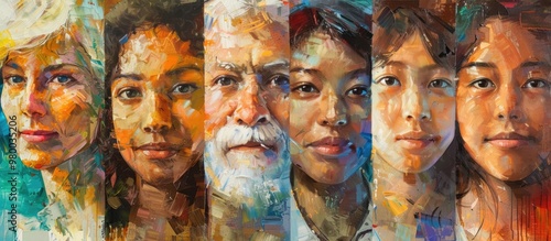 Vibrant and textured digital painting showcasing a diverse group of multicultural faces and ethnic identities  The abstract expressive artwork captures the unique expressions emotions