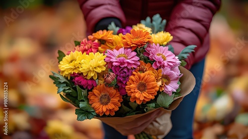 Wallpaper Mural  A vibrant bouquet of orange, pink, and yellow flowers is held against a backdrop of fallen autumn leaves, symbolizing warmth and joy in the colorful fall season. Torontodigital.ca