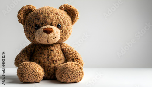 A stuffed bear lying on a white surface.

 photo