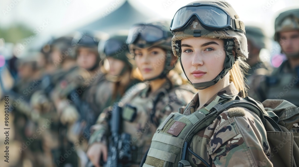 Fototapeta premium Group of well equipped and disciplined military soldiers in uniform and combat gear standing in formation and ready for a tactical training exercise or mission
