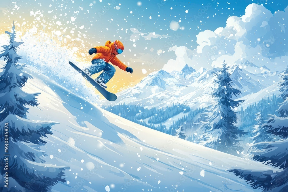 Snowboarder Soaring Through Snowy Mountain Landscape Snowboarder Soaring Through Snowy Mountain Landscape