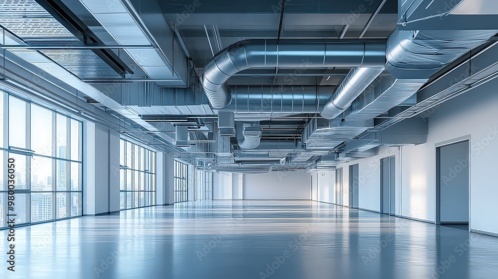 Obraz premium Large empty industrial interior space with exposed metallic ventilation system. Captures clean modern design and functional architecture.