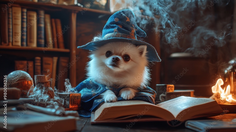 A white Pomeranian sits elegantly in a wizard's robe and hat, surrounded by ancient books and magical artifacts in a cozy, dimly lit study, evoking a whimsical atmosphere A white Pomeranian sits elegantly in a wizard's robe and hat, surrounded by ancient books and magical artifacts in a cozy, dimly lit study, evoking a whimsical atmosphere