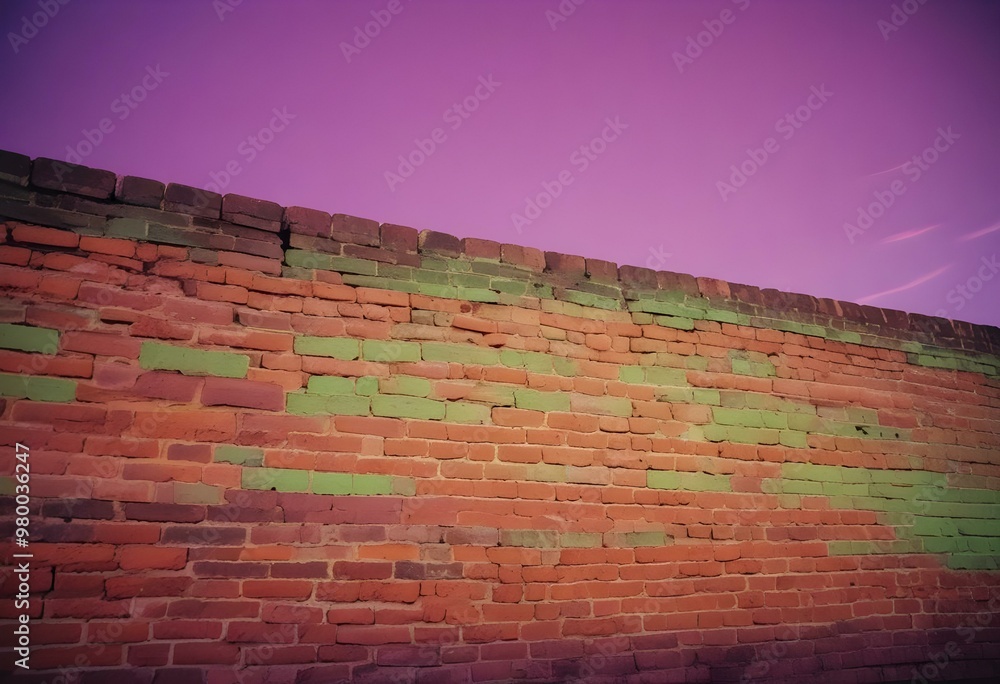 surreal and dreamlike, An industrial-style brick wall featuring intense green and purple lighting, with contrasting dark corners, creating depth and a sense of intrigue in the background., saturated, surreal and dreamlike, An industrial-style brick wall featuring intense green and purple lighting, with contrasting dark corners, creating depth and a sense of intrigue in the background., saturated,