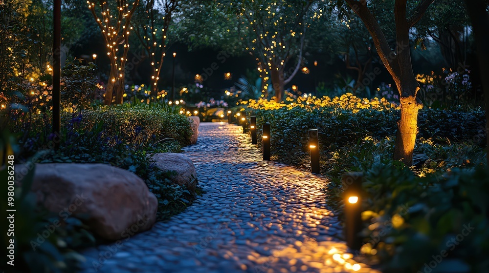Naklejka premium Illuminated garden path lined with glowing lights and trees, creating a magical atmosphere. Ideal for peaceful evening walks.