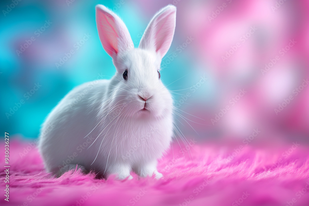 Adorable white bunny with pink ears sitting on soft fluffy background looking cute Adorable white bunny with pink ears sitting on soft fluffy background looking cute