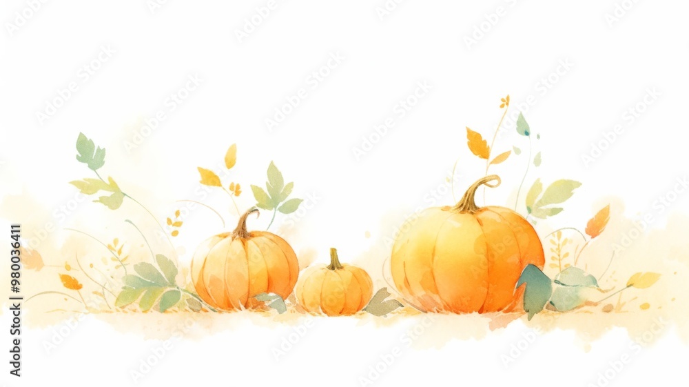 Watercolor Painting of Pumpkins and Leaves with Fall Theme and Minimalist Border Frame. Watercolor Painting of Pumpkins and Leaves with Fall Theme and Minimalist Border Frame.