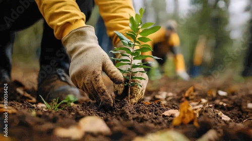  Hands in gloves carefully planting young seedling into soil. Represents growth, reforestation efforts, and environmental care.