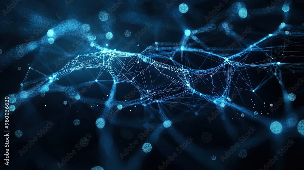 Blue abstract background with lines and white dots on a black ...