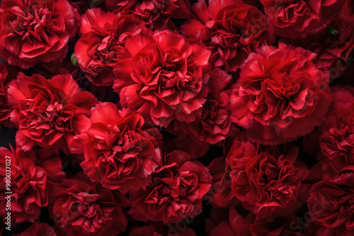 Red carnation flowers background, flat lay, close-up