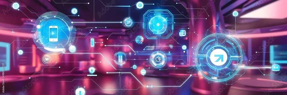 A high-resolution stock photo of a vibrant virtual environment showcasing interconnected futuristic technology devices. The scene features glowing digital networks, sleek electronic gadgets, A high-resolution stock photo of a vibrant virtual environment showcasing interconnected futuristic technology devices. The scene features glowing digital networks, sleek electronic gadgets,
