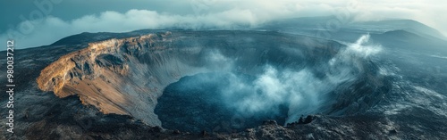 Aerial view of a dormant volcano with misty clouds and rugged landscape photo