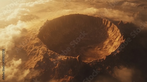 Aerial view of a dormant volcano with misty clouds and rugged landscape photo