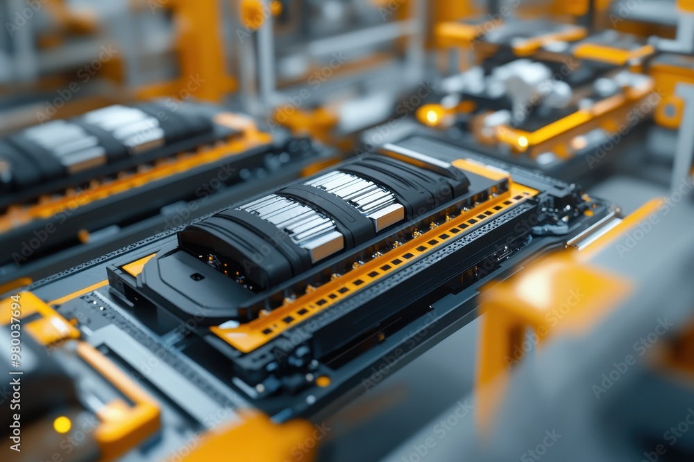 Automated production of electric vehicles in a smart factory Efficient EV manufacturing Battery installation on the assembly line AGV transports batteries Automated production of electric vehicles in a smart factory Efficient EV manufacturing Battery installation on the assembly line AGV transports batteries