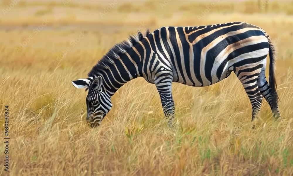 Striking zebra grazing peacefully in the grassy savanna, Video Striking zebra grazing peacefully in the grassy savanna, Video