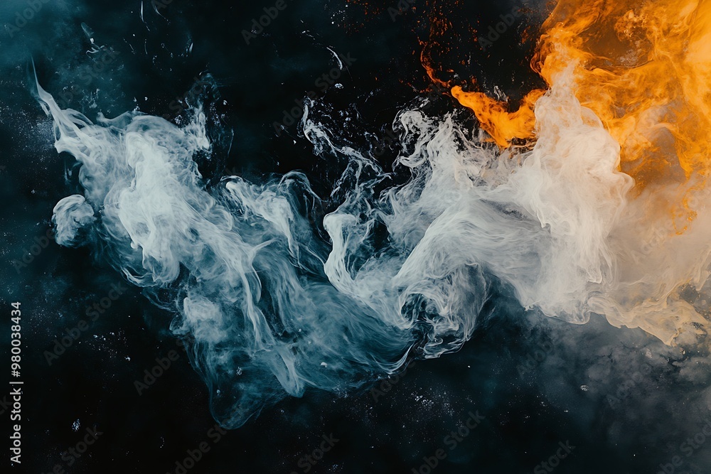 Abstract Smoke Pattern in Blue, White, and Orange on Black Background