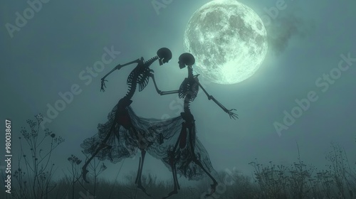 Mysterious and Ethereal Skeletal Figures Performing a Supernatural Dance Ritual Under the Glowing Full Moon in a Moody Atmospheric Landscape with an Ominous Haunting Presence