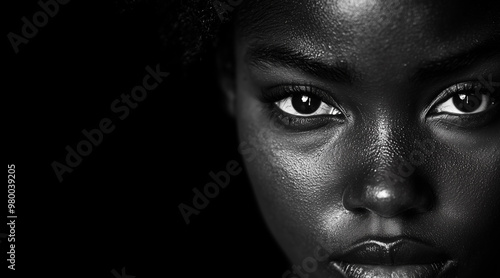 black and white portrait image of a black woman with a bruised eye. black background, instense contrast lighting photo