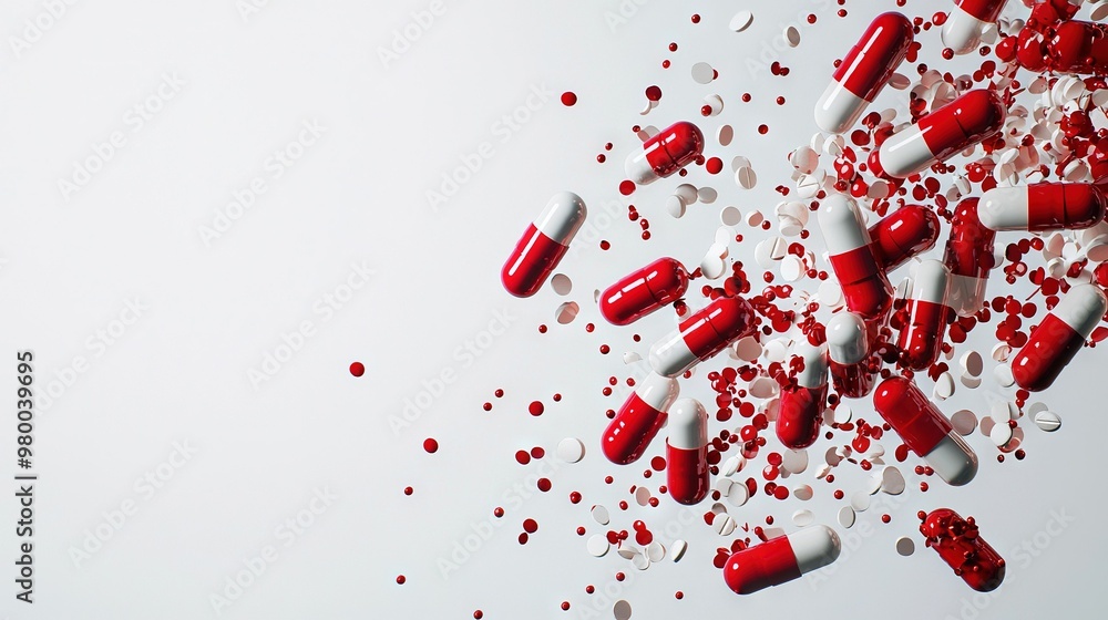 A pile of red and white pills strewn across a white table, surrounded by red and white confetti A pile of red and white pills strewn across a white table, surrounded by red and white confetti