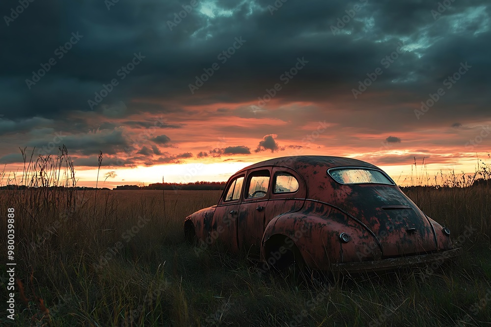 Fototapeta premium Rusty vintage car abandoned in field at sunset