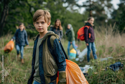 A boy is smiling and holding a bag while standing in a forest,