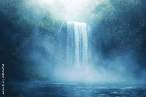 Misty Waterfall Cascading into a Still Pool Surrounded by Lush Greenery