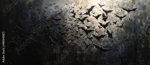 A haunting surreal image of a dense swarm of bats silhouetted against a dark moody night sky creating a sense of mystery and foreboding The ghostly