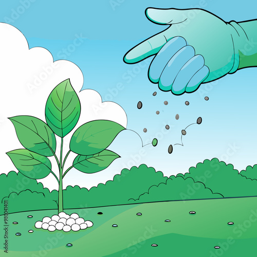 Hand giving fertilizer to young plant vector stock illustration