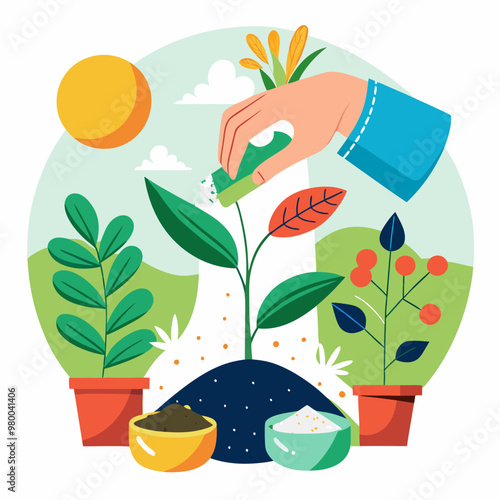 Hand giving fertilizer to young plant vector stock illustration