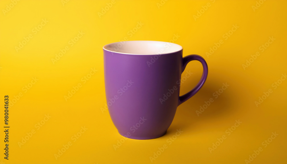 purple coffe cup on yellow background, isolated, copy space purple coffe cup on yellow background, isolated, copy space