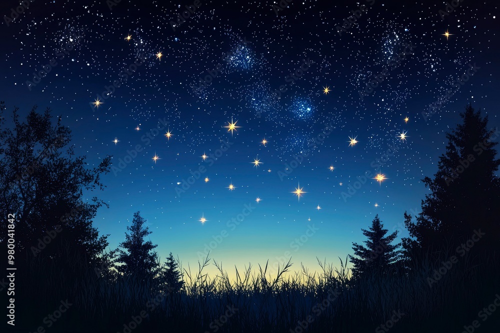Fototapeta premium Starry Night Sky with Silhouetted Trees and Grass