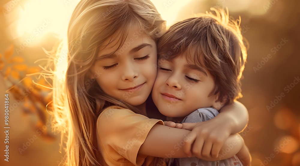 Close up of a cute little brother and sister embracing. Close up of a cute little brother and sister embracing.