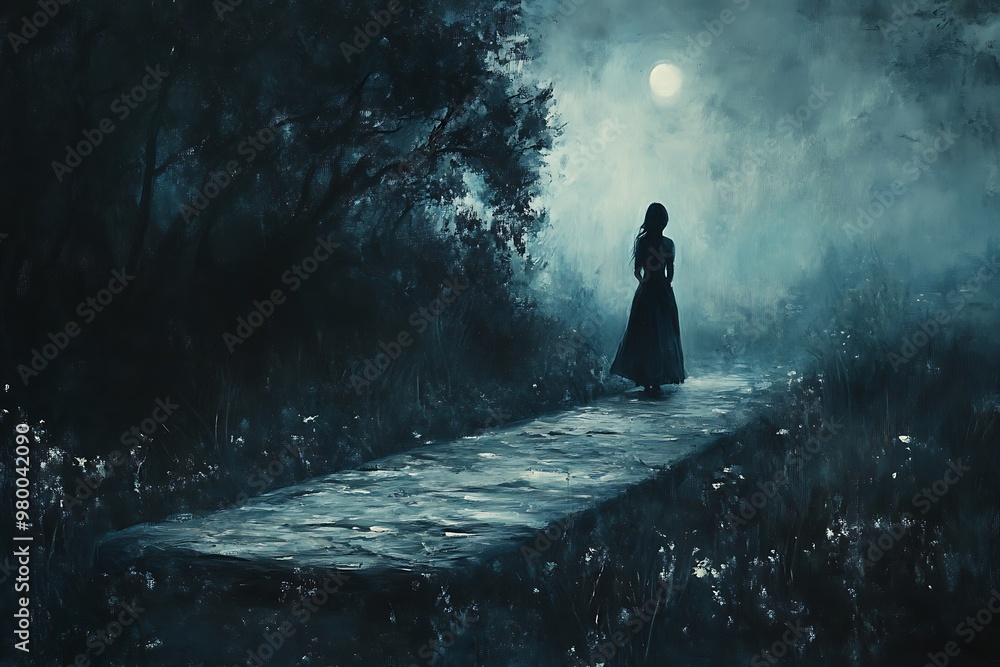 Fototapeta premium Silhouette of a woman walking on a stone path through a dark forest at night with a full moon