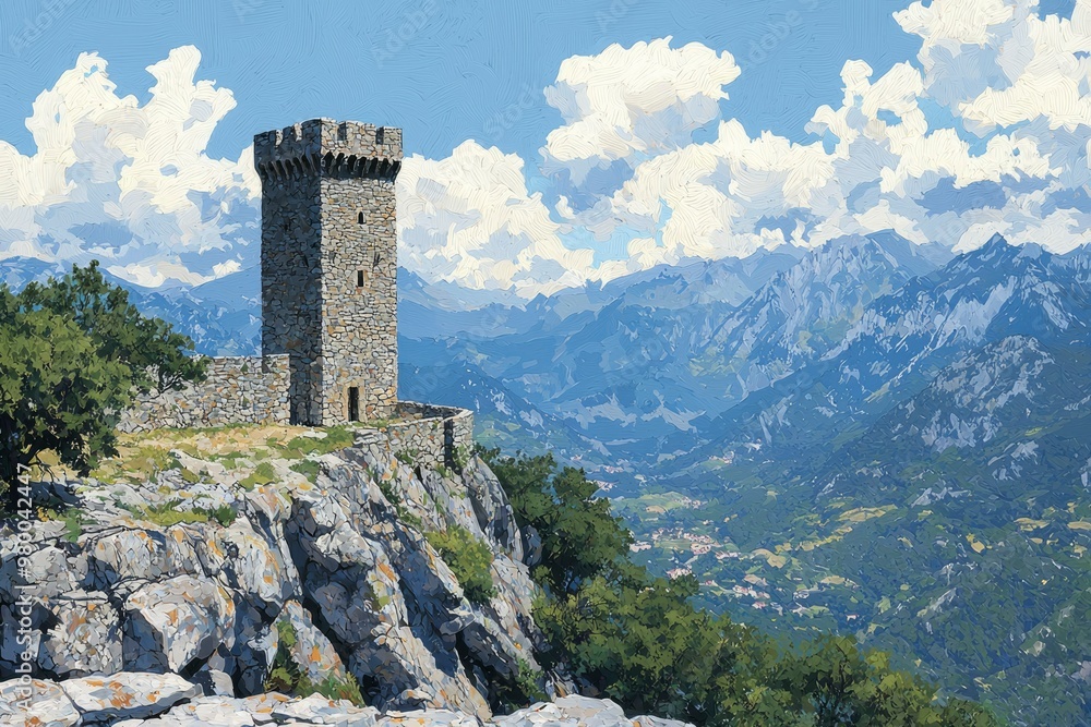 Stone Tower Perched on Cliff Overlooking Mountain Valley Stone Tower Perched on Cliff Overlooking Mountain Valley