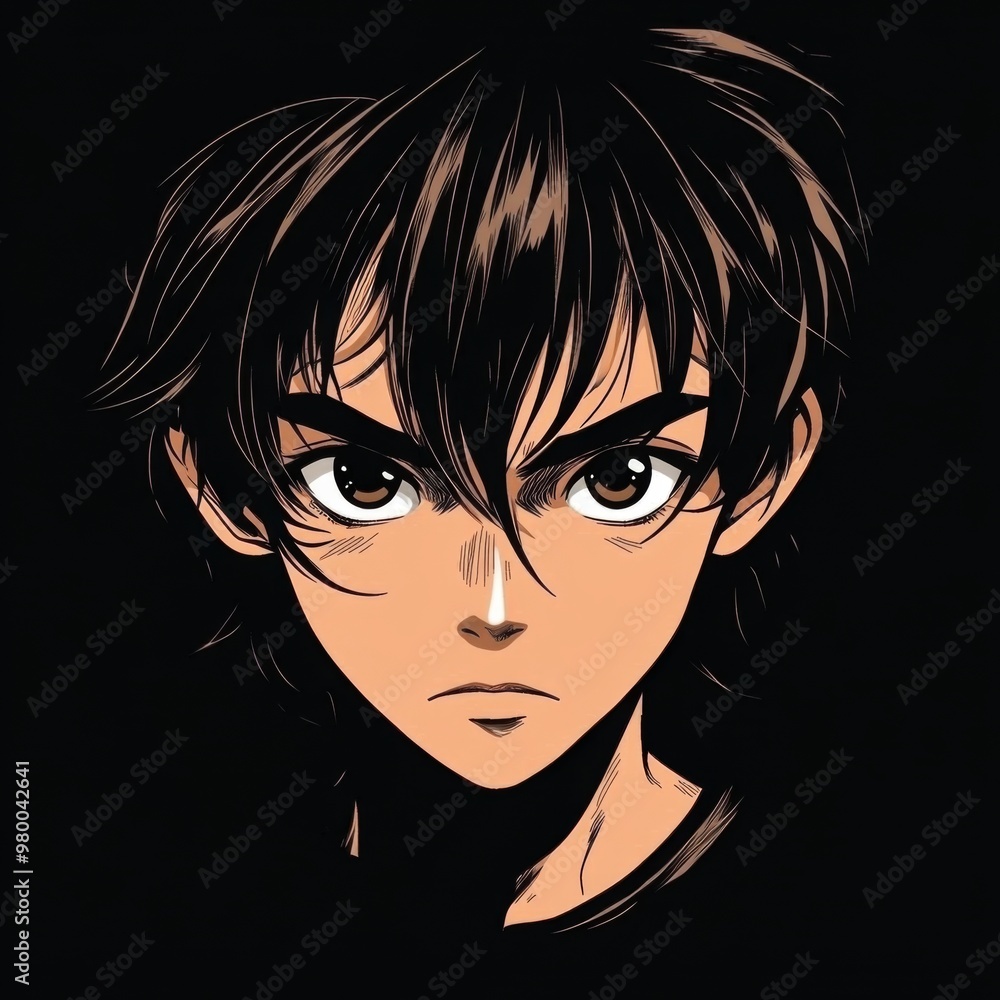 Anime Face of a Boy from a Cartoon on a Black Background. Hero Anime Character in Japanese Style with Manga Influence. Anime Face of a Boy from a Cartoon on a Black Background. Hero Anime Character in Japanese Style with Manga Influence.
